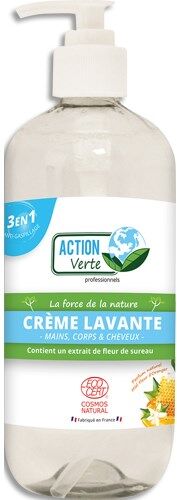 Action verte Crème Lavante 3 en 1 : Mains, Corps, Cheveux Parfum naturel Miel & Fleur d'oranger 500ml - Lot de 2