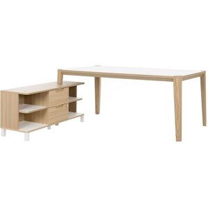 Bureau avec retour en meuble de rangement, plateau L 180 x P 90 cm, piétement bois massif - Absolu - plateau blanc