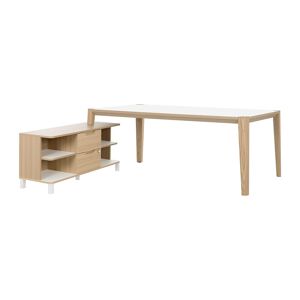 Bureau avec retour en meuble de rangement, plateau L 200 x P 90 cm, piétement bois massif - Absolu - plateau blanc