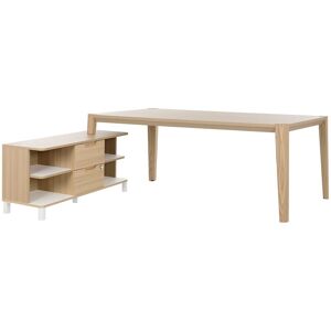 Bureau avec retour en meuble de rangement, plateau L 200 x P 90 cm, piétement bois massif - Absolu - plateau chêne