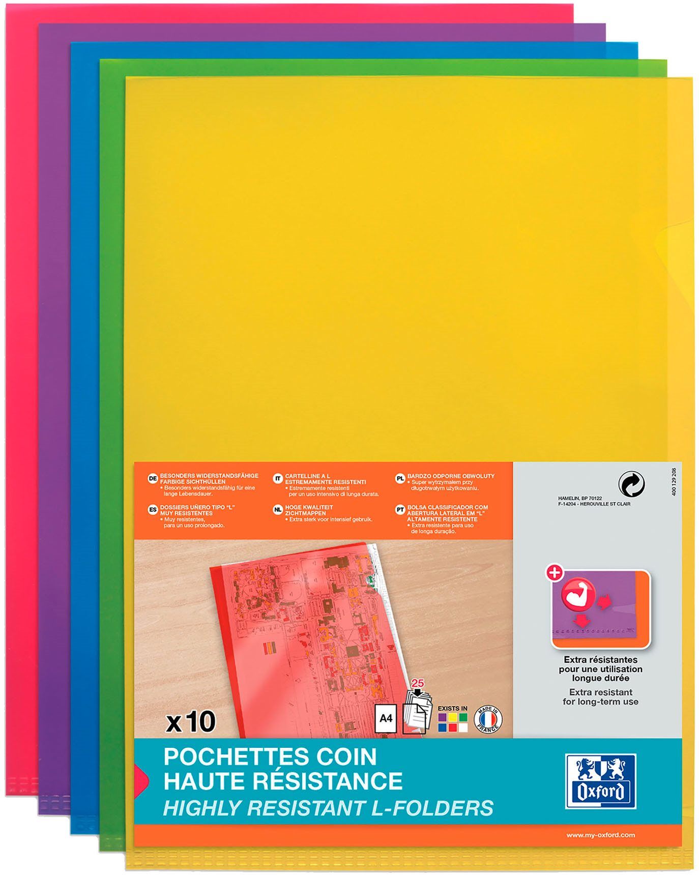 Chemises coin plastique Oxford A4 PVC 15/100e couleurs assorties - Paquet de 10 Jaune