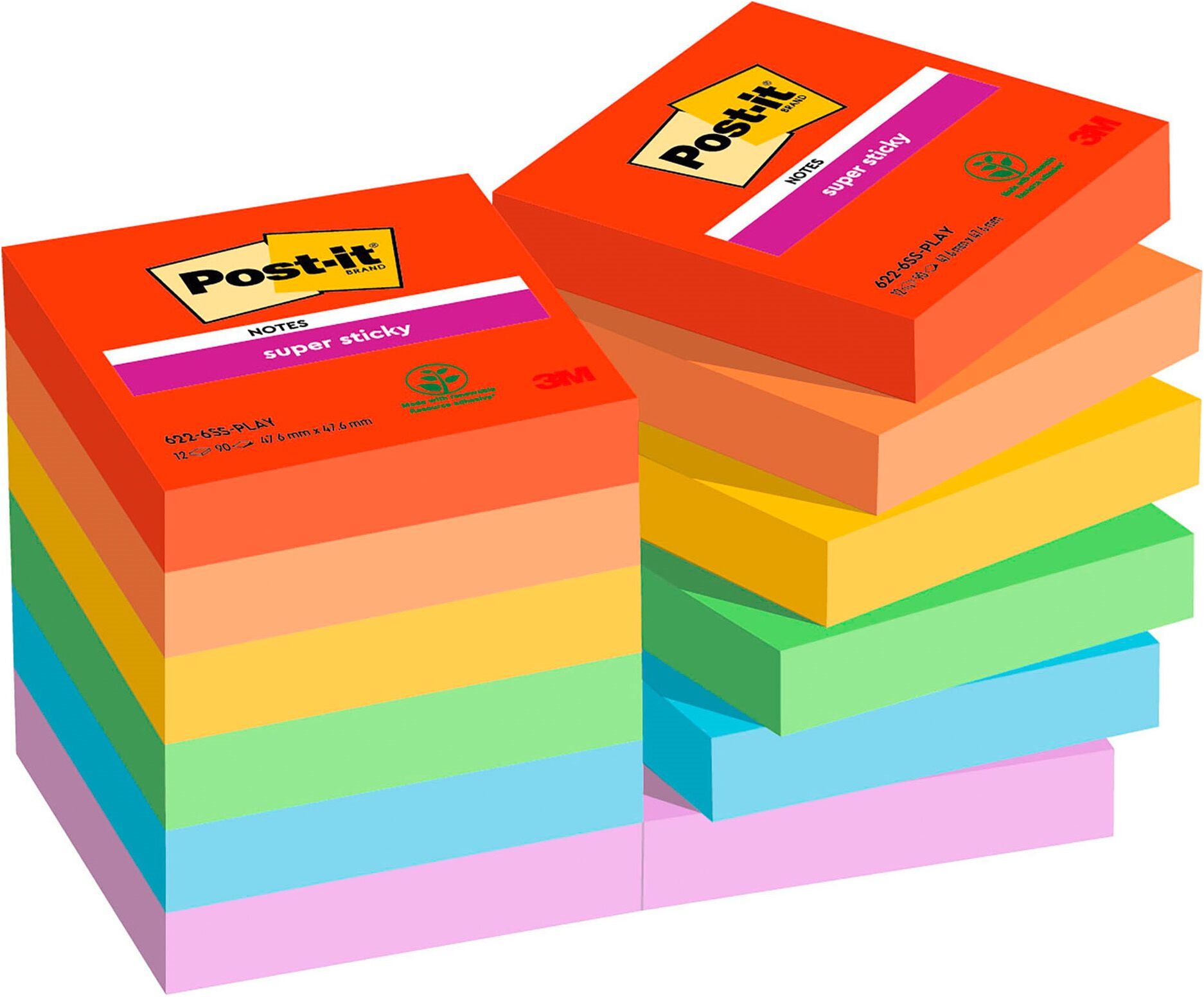 Notes couleurs Playful Super Sticky Post-it 47,6 x 47,6 mm - bloc de 90 feuilles - Lot de 12