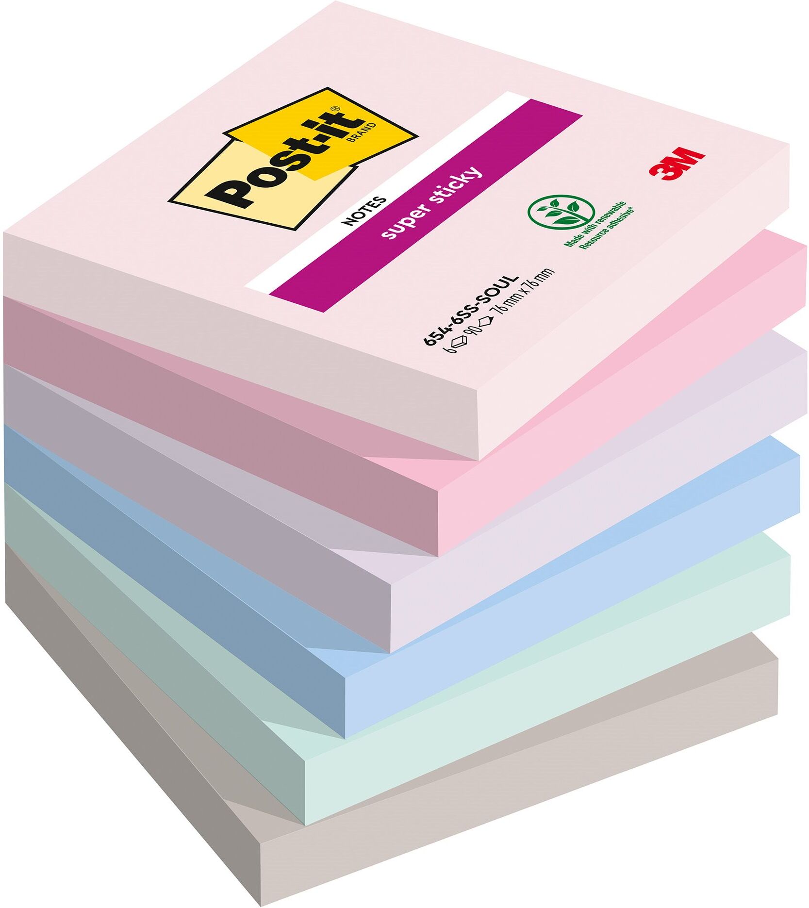 Notes couleurs Soulful Super Sticky Post-it 76 x 76 mm - bloc de 90 feuilles - Lot de 12