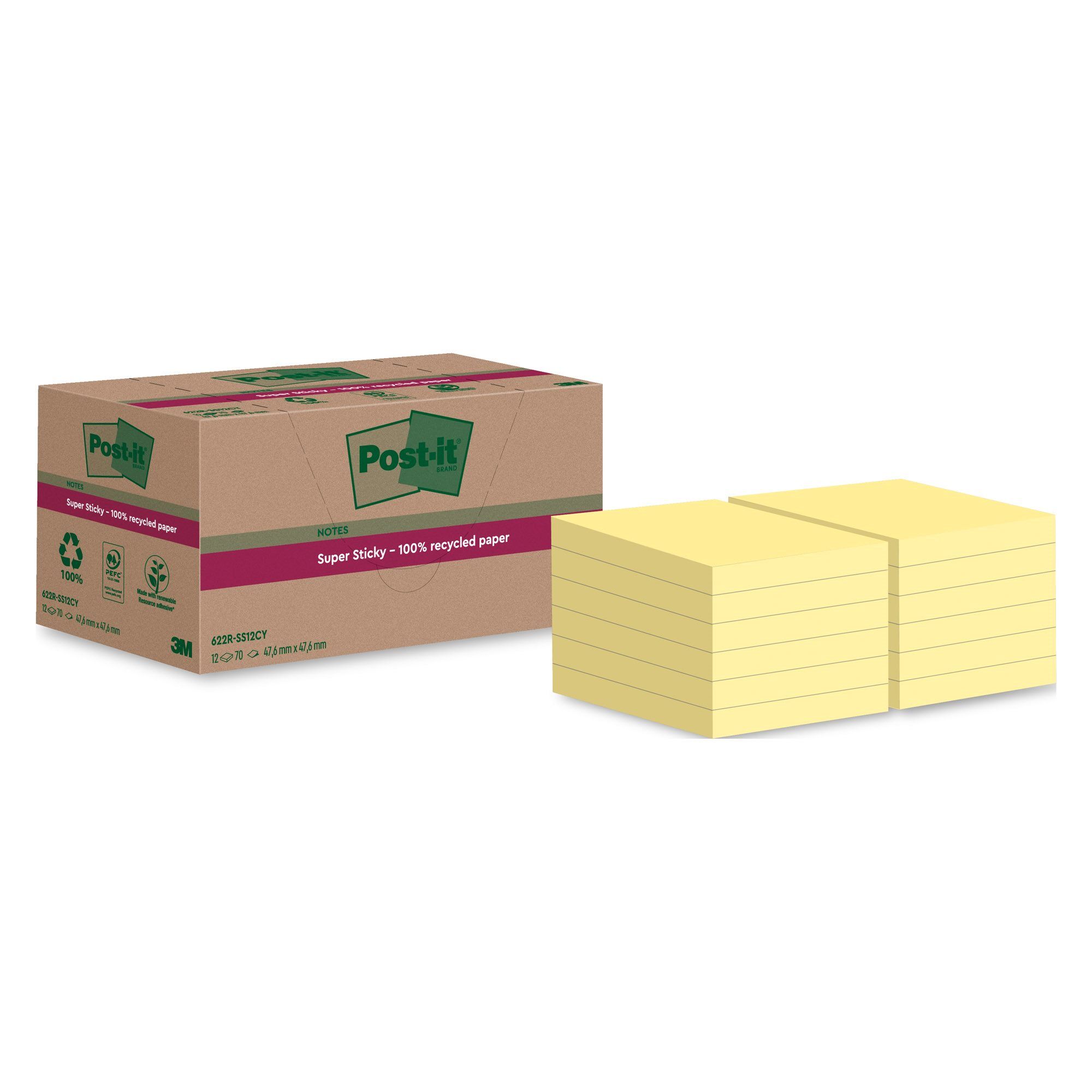 Post-it Notes recyclées jaunes pastel Super Sticky Post-it - bloc de 70 feuilles - Lot de 12 Noir