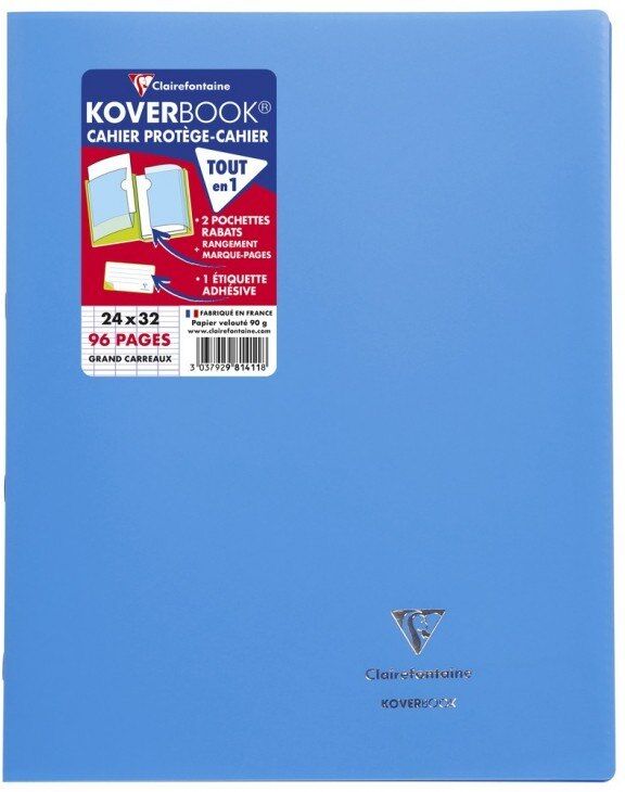 Clairefontaine Cahier Koverbook piqûre 96 pages grands carreaux Seyès maxi format 24x32cm. Couv polypro. - Lot de 30 Bleu