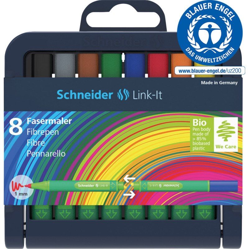 Schneider Etui chevalet de 8 feutres FINELINER LINK-IT. Pointe fibre 1mm. Assortis. - Lot de 3