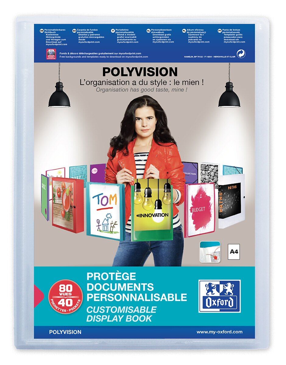 Protège-documents Oxford polyvision a4 80 vues / 40 pochettes couverture polypro incolore - Lot de 12