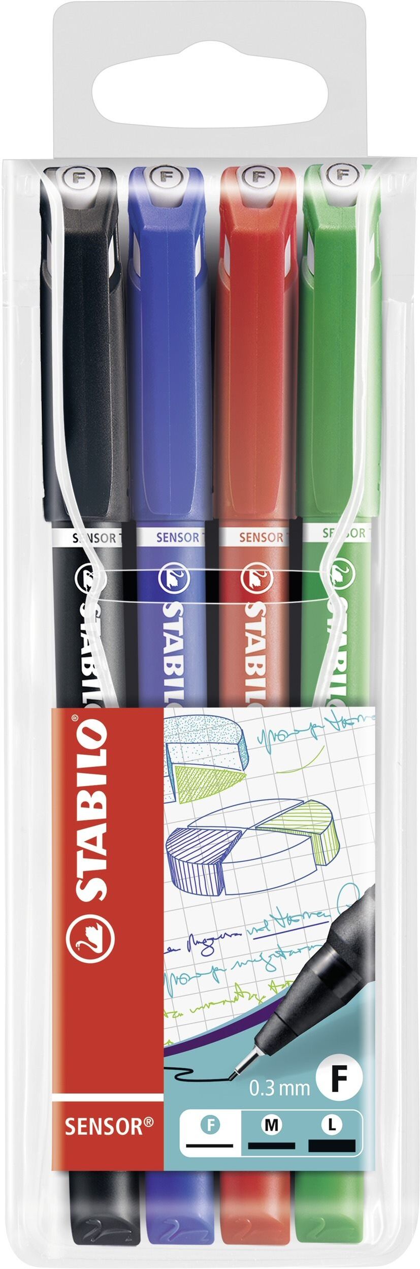 Stabilo Stylo-feutre pointe extra-fine - Pochette de 4 stylo-feutres - Noir/Bleu/Rouge/Vert - Lot de 3