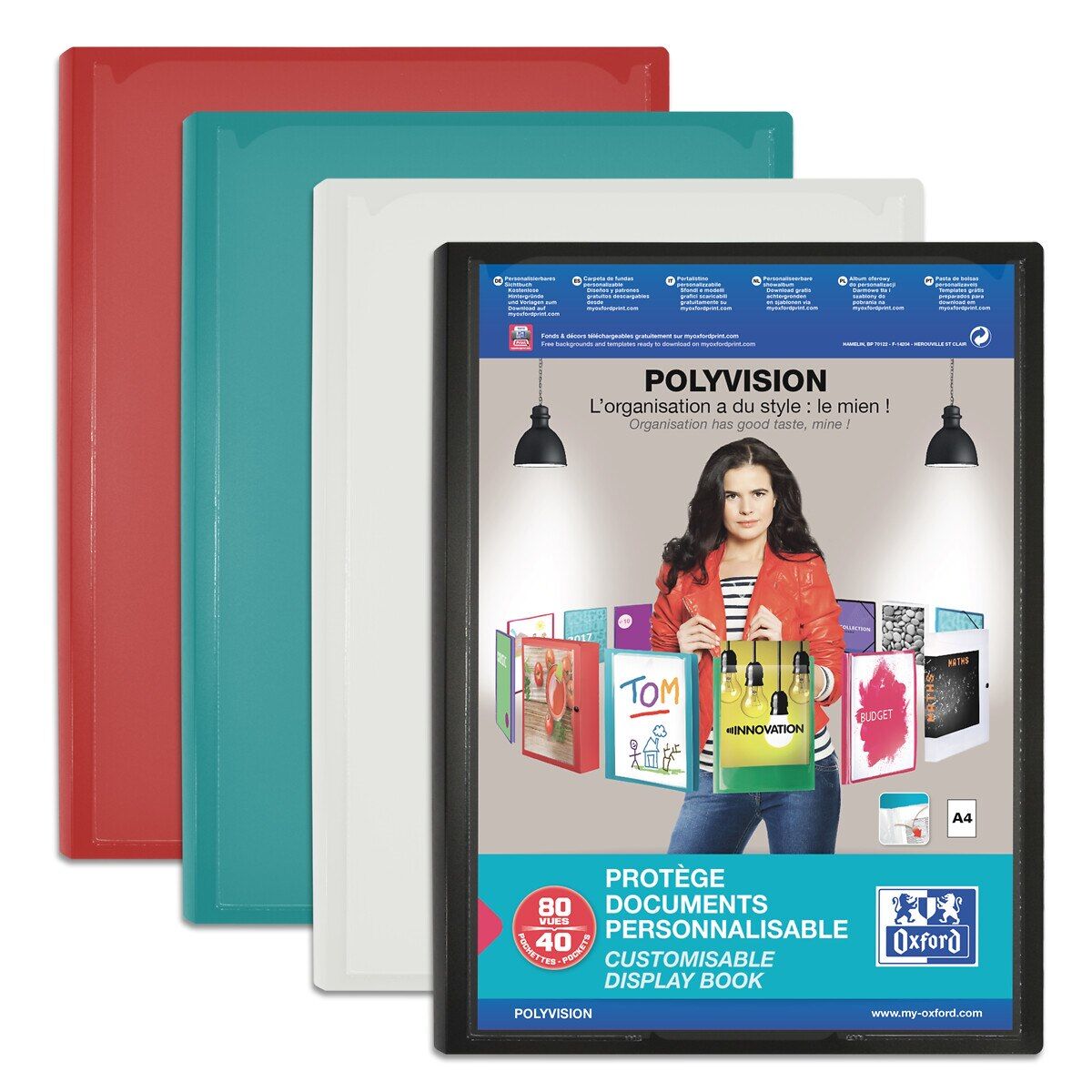 Protège-documents Oxford polyvision a4 80 vues / 40 pochettes couverture polypro coloris assortis - Lot de 12