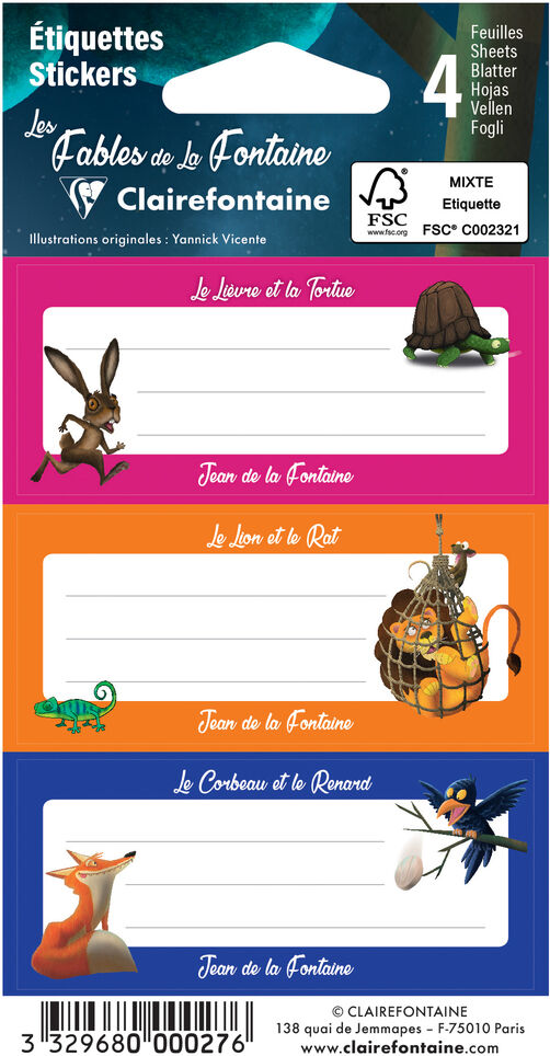 Clairefontaine Sachet de 12 étiquettes adhésives 'Les Fables de La Fontaine' 33,5x75mm - motif imprimé - Lot de 25