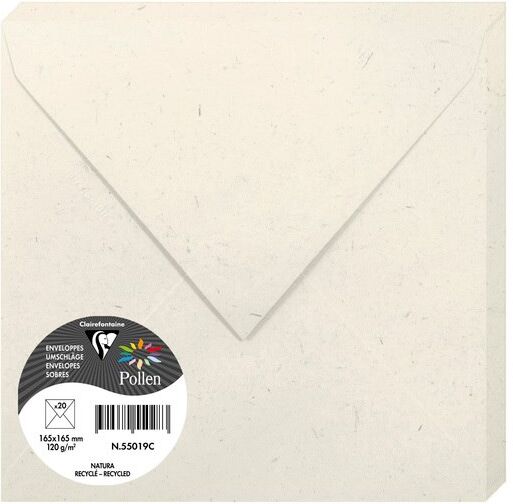 Clairefontaine NATURA 100% RECYCLÉ, Paquet de 20 enveloppes Pollen 165x165mm 120g/m2 - Natura - Lot de 3