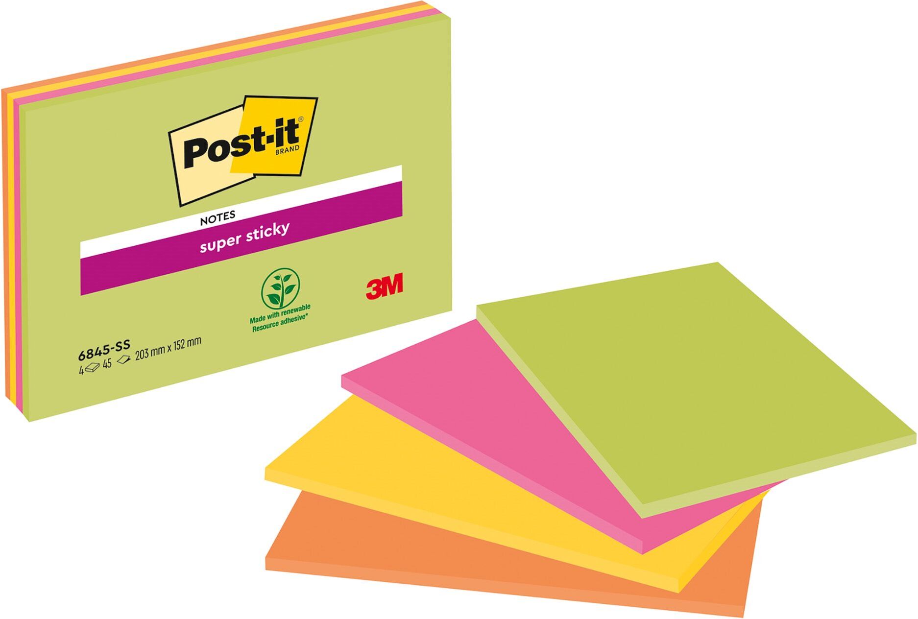 Notes unies couleurs néon Super Sticky Post-it 203 x 152 mm - bloc de 45 feuilles - Lot de 12