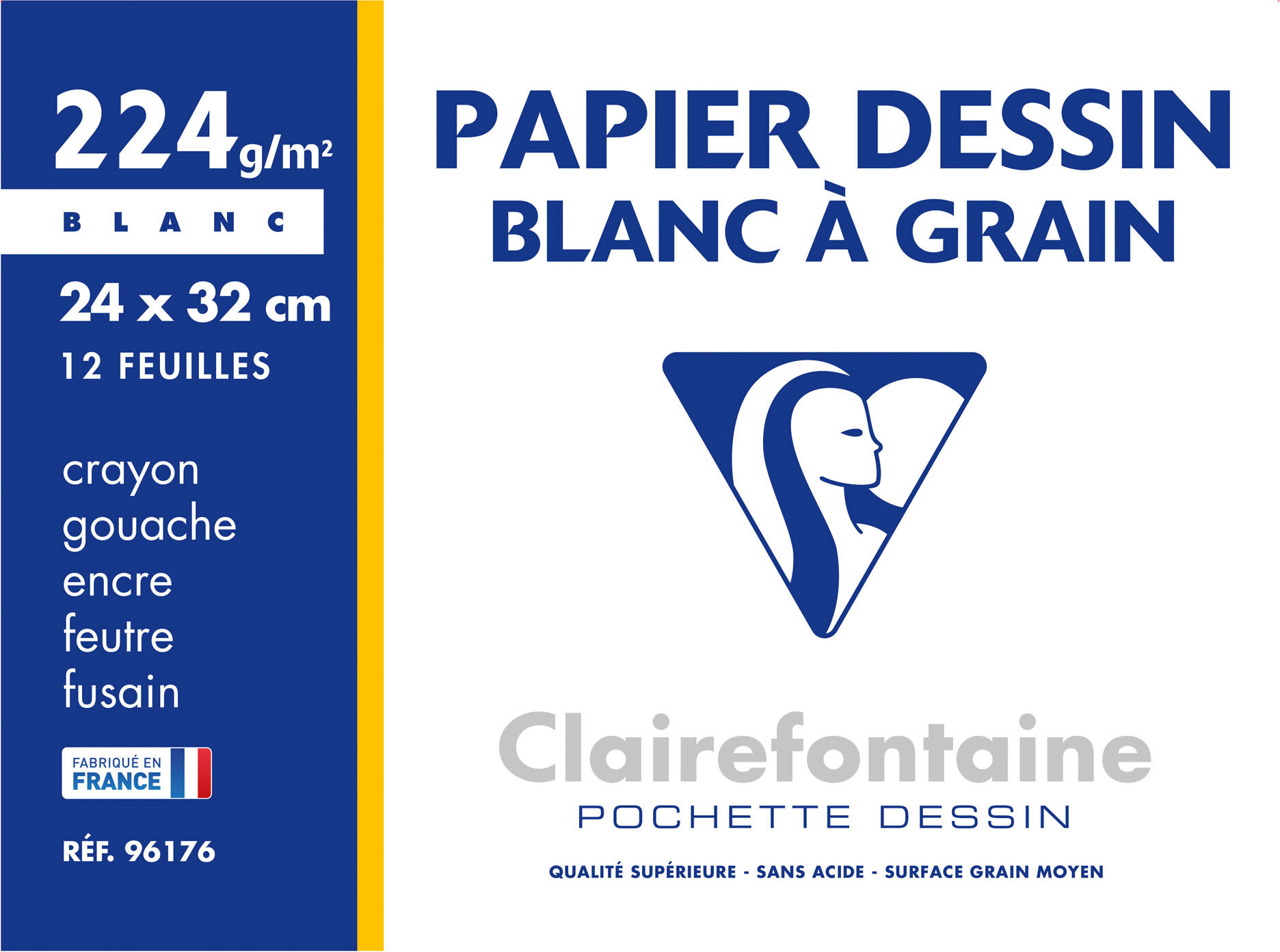 Pochette 12 feuilles papier dessin blanc A4+ Clairefontaine à grain 224 g