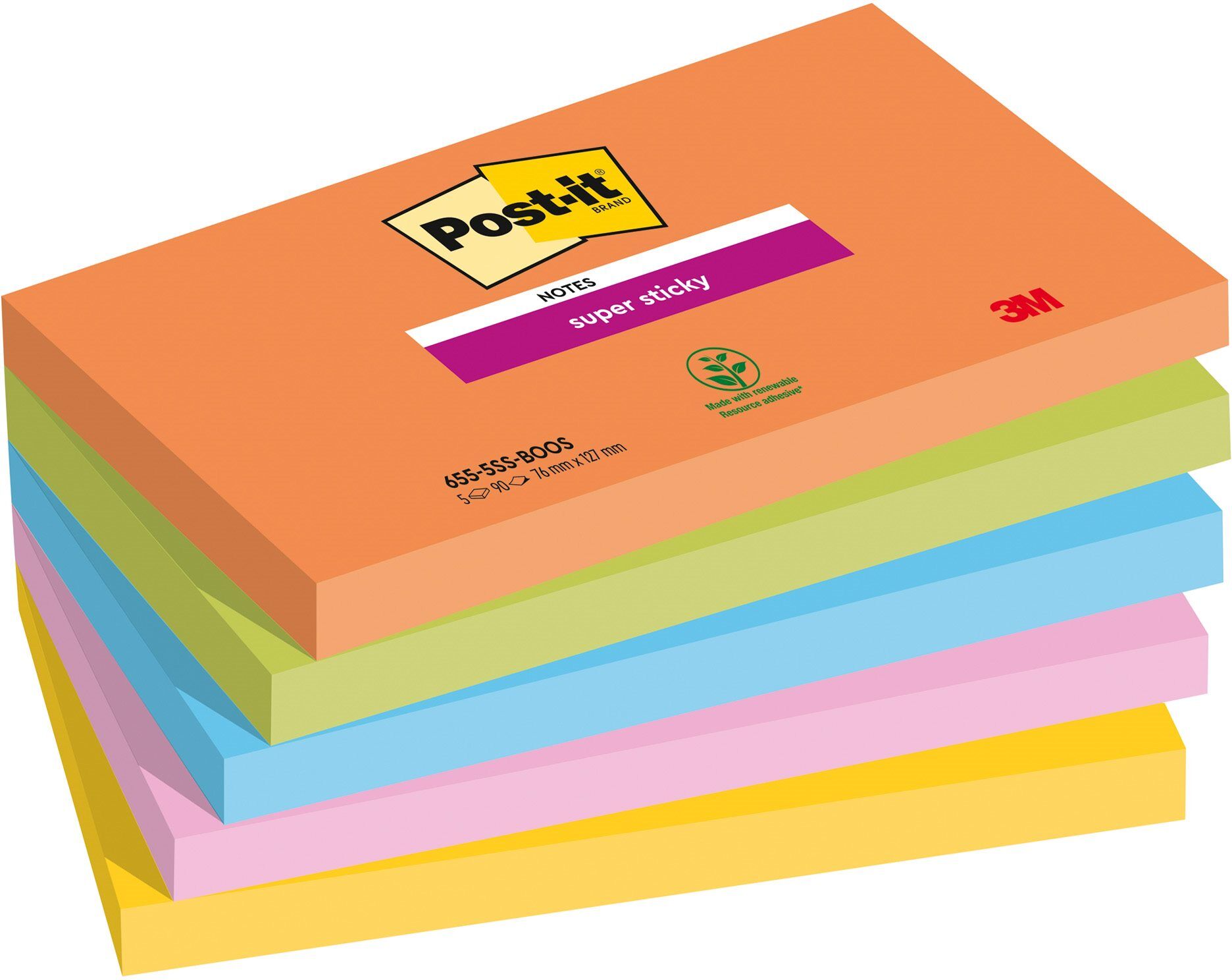 Notes couleurs Boost Super Sticky Post-it 76 x 127 mm - bloc de 90 feuilles - Lot de 10 Noir