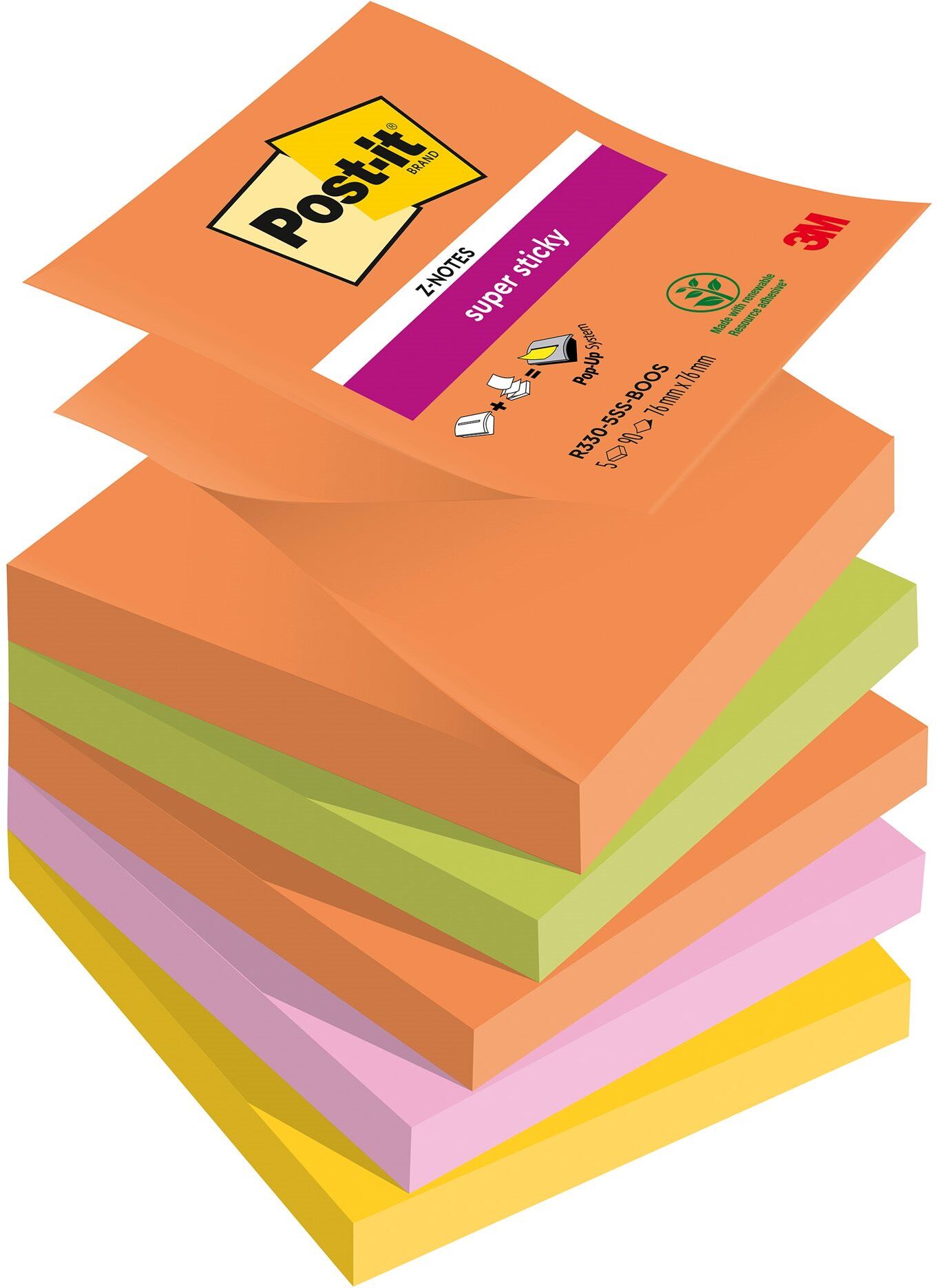 Z-Notes couleurs Boost Super Sticky Post-it 76 x 76 mm - bloc de 90 feuilles - Lot de 10