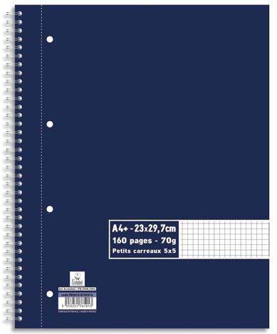 5 star Cahier spirale A4+ 160 pages 70g petits carreaux 5x5. Couverture carte souple Bleu marine - Lot de 10