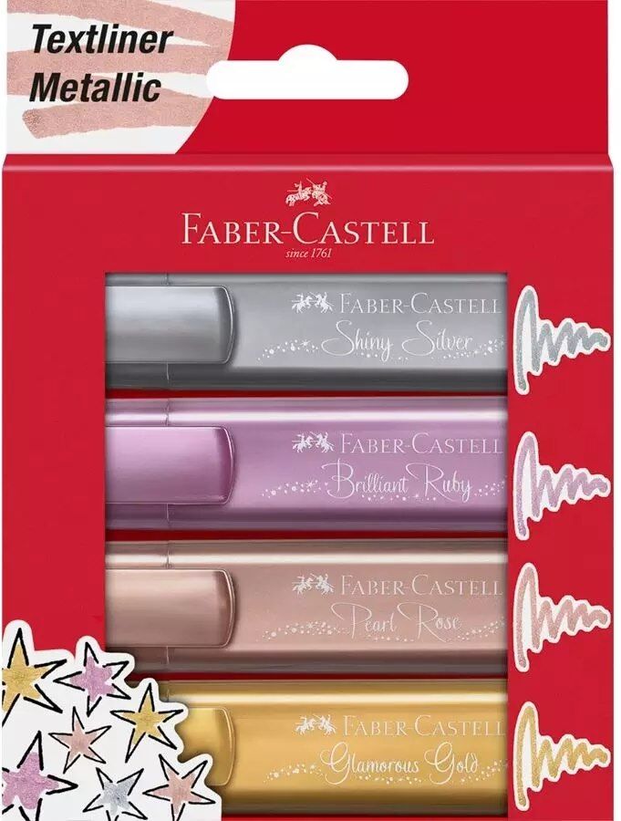 Faber-castell Pochette de 4 surligneurs Textliner 46 Métallique. Coloris : rose poudré, or, argent, rubis - Lot de 5