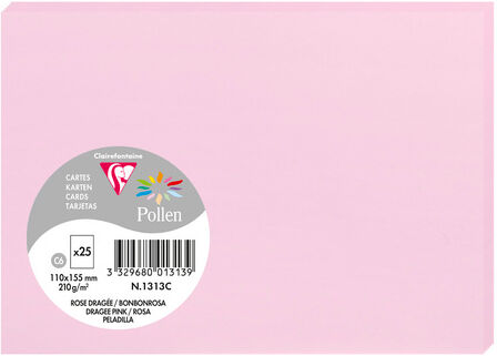 Clairefontaine Paquet de 25 cartes simples Pollen 110x155mm 210g/m2 - Rose dragée - Lot de 5