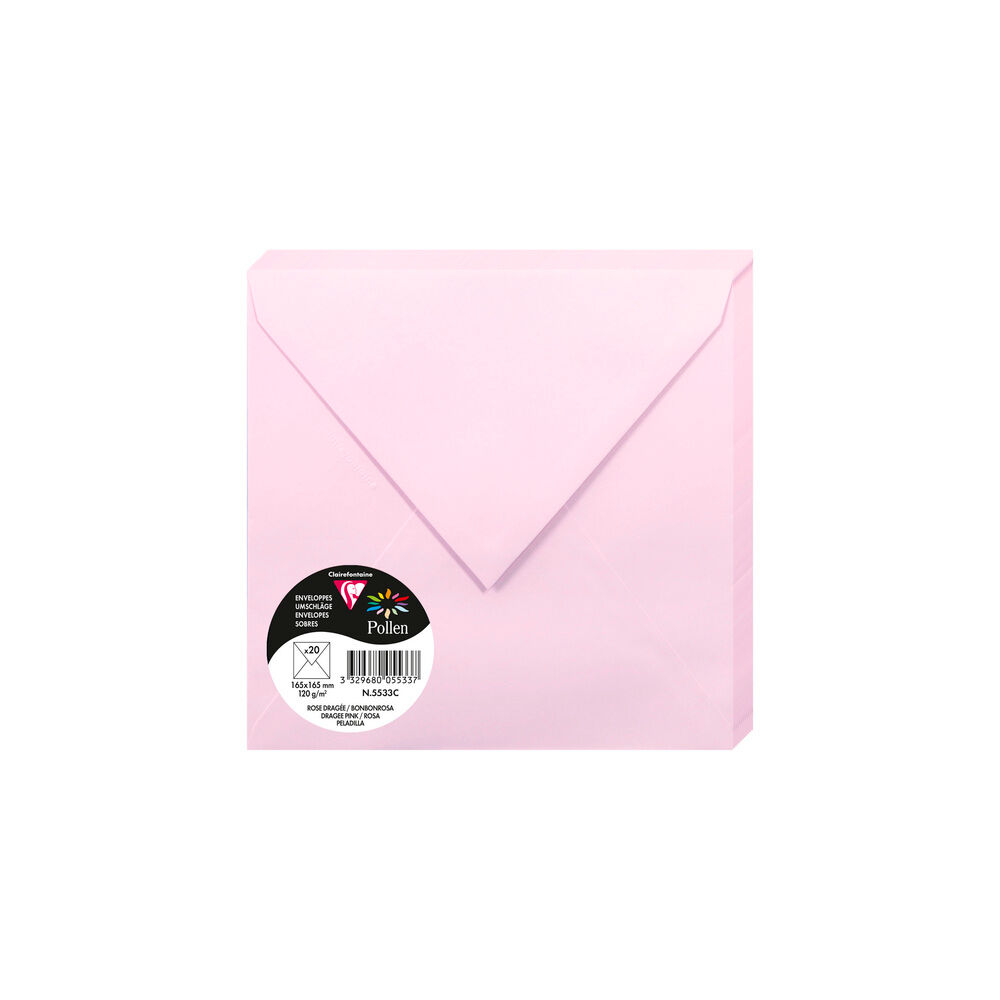 Clairefontaine Paquet de 20 enveloppes Pollen 165x165mm 120g/m2 - Rose dragée - Lot de 3 Rose pastel