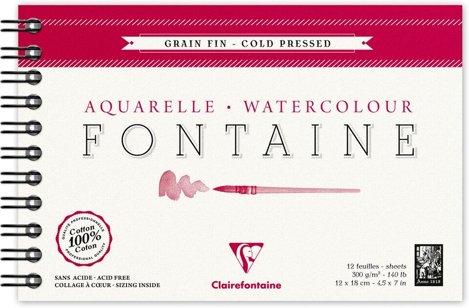 Clairefontaine Fontaine album spiralé 12F 12x18cm 300g grain fin - Lot de 2