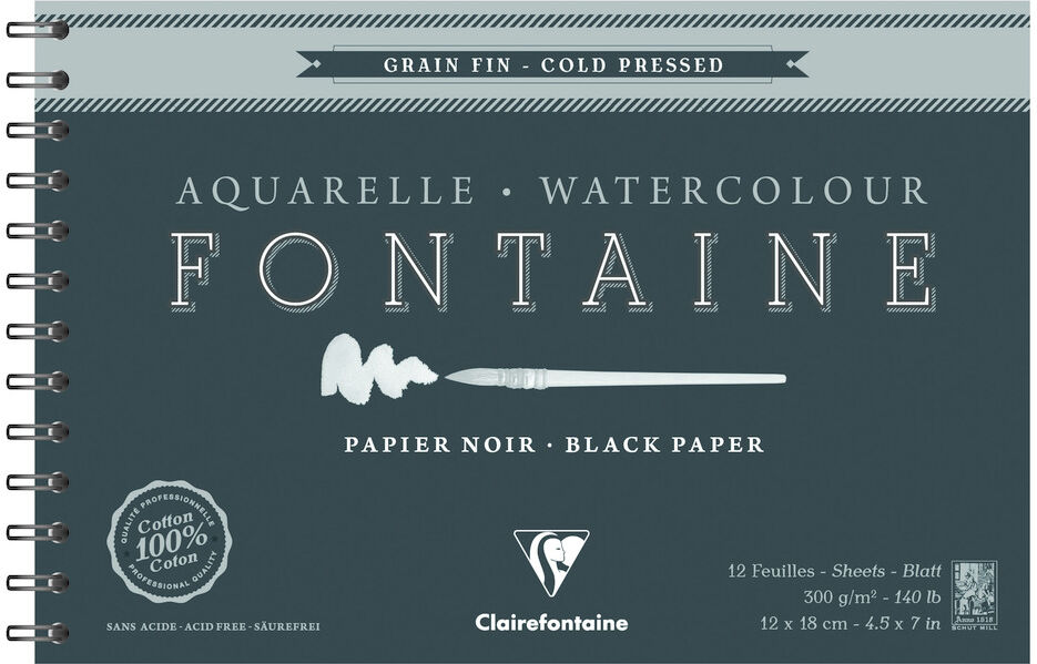 Clairefontaine Fontaine Noir album spiralé 12F 12x18cm 300g grain fin - Lot de 2