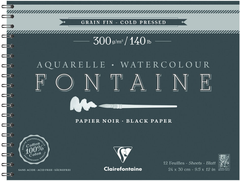 Clairefontaine Fontaine Noir album spiralé 12F 24x30cm 300g grain fin - Lot de 2