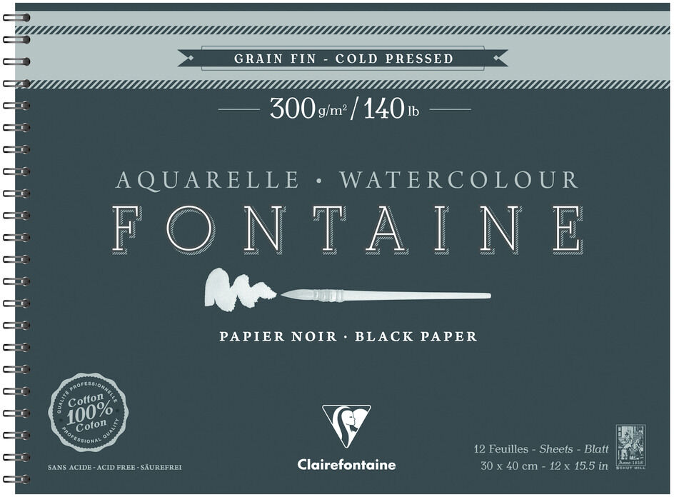 Clairefontaine Fontaine Noir album spiralé 12F 30x40cm 300g grain fin - Lot de 2