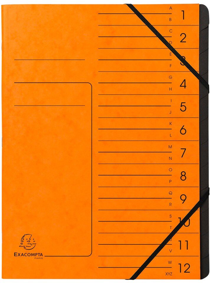 Exacompta Trieur agrafé avec élastiques intérieur noir 12 compartiments - A4 - Orange - Lot de 10 Argent métallique