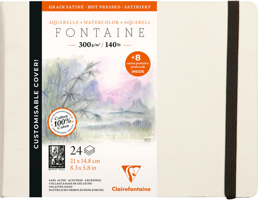 Clairefontaine Fontaine Aquarelle carnet cousu 24F A5 300g grain satiné (cartes postales) - Blanc - Lot de 2