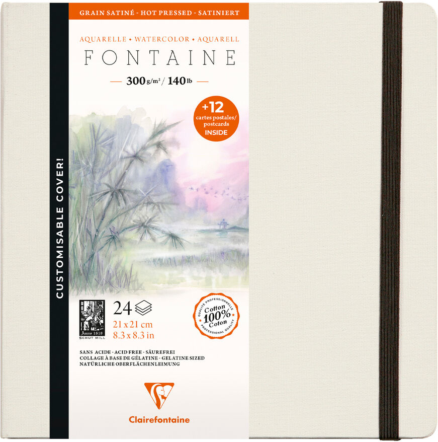 Clairefontaine Fontaine Aquarelle carnet cousu 24F 21x21cm 300g grain satiné (cartes postales) - Blanc - Lot de 2