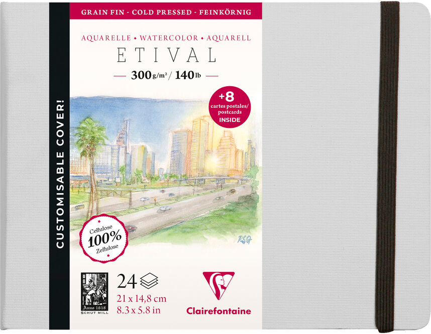 Clairefontaine Etival Aquarelle carnet cousu 24F A5 300g grain fin (cartes postales) - Gris - Lot de 2