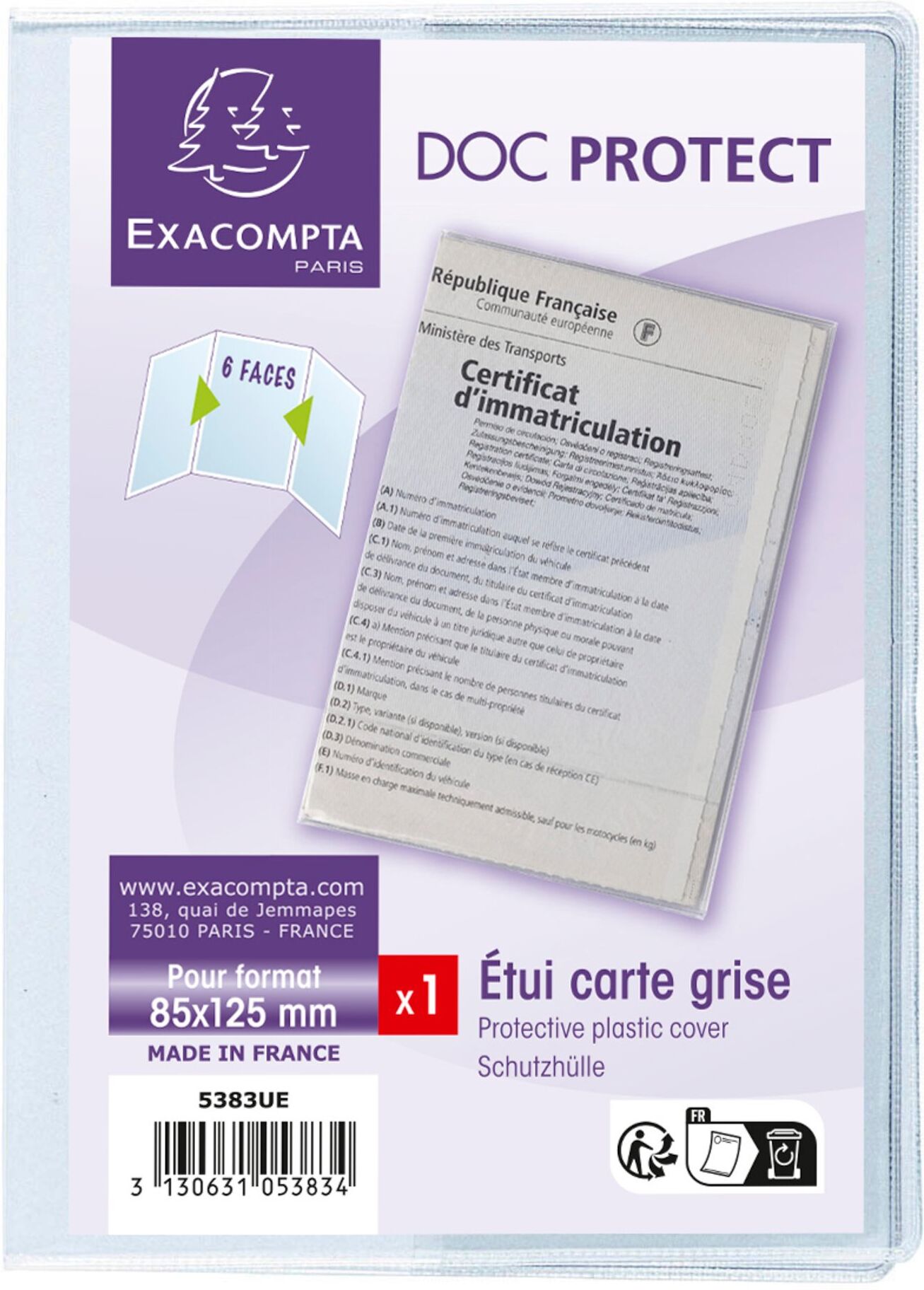 Exacompta Etui de protection pour carte grise 3 volets PVC lisse 20/100e - Cristal - Lot de 10