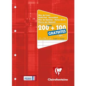 Clairefontaine Bloc de cours encollé grand côté A4 200 pages détachables + 100 GRATUITES perforé 4 trous ligné + marge Bleu gris - Rouge - Lot de 12 - Publicité