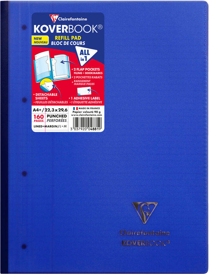 Clairefontaine Bloc de cours agrafé grand côté Koverbook A4+ 160 pages détachables perforé 4 trous ligné + marge couverture polypropylène transparent - Assortis -...