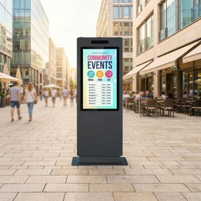Kimex totem vidéo outdoor tactile 55'' Totem numérique extérieur de 55'' avec écran tactile PCAP, haute luminosité et fonctionnement continu 24/7, - Publicité Kimex totem vidéo outdoor tactile 55'' Totem numérique extérieur de 55'' avec écran tactile PCAP, haute luminosité et fonctionnement continu 24/7, - Publicité