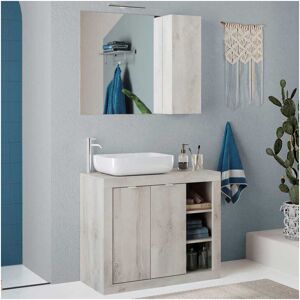 Tousmesmeubles Meuble sous-vasque 92 cm Pin blanc + vasque + miroir led - LUBIO - L 92 x l 45 x H 78 cm