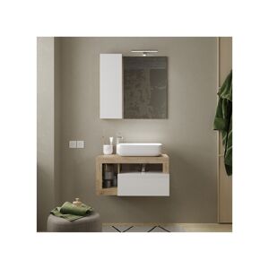 Tousmesmeubles Meuble sous-vasque suspendu 79 cm Chêne naturel + vasque + miroir led - ISCHIA - L 79 x l 49 x H 47 cm