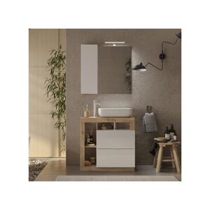 Tousmesmeubles Meuble sous-vasque 79 cm Chêne naturel + vasque + miroir led - ISCHIA - L 79 x l 49 x H 79 cm