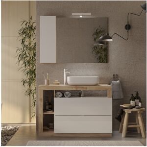 Tousmesmeubles Meuble sous-vasque 110 cm Chêne naturel + vasque + miroir led - ISCHIA - L 110 x l 49 x H 79 cm