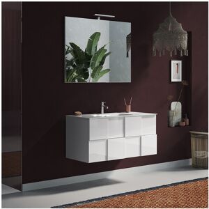 Tousmesmeubles Meuble sous-vasque suspendu 100 cm Laqué Blanc brillant + vasque + miroir led - TICATO - L 101 x l 47 x H 53 cm