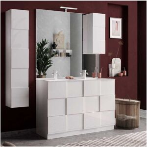 Tousmesmeubles Meuble sous-vasque 120 cm Laqué Blanc brillant + vasque + miroir led + colonne - TICATO - L 122 x l 45 x H 86 cm