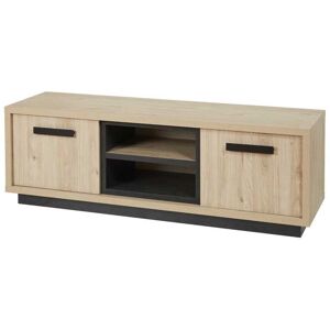 Tousmesmeubles Meuble TV 2 portes 2 niches Bois Clair/Beton cire - HESTIA - L 168 x l 48 x H 56 cm