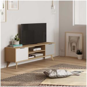 Tousmesmeubles Meuble TV 2 porte 2 niches Bois/Blanc/Gris - FAEL - L140 x l40 x h53 cm