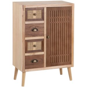 Tousmesmeubles Meuble d'entrée 1 porte 4 tiroirs Bois/Rotin - BISCUIT - L 60 x l 30 x H 85 cm