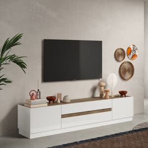 Tousmesmeubles Meuble TV 2 portes 2 tiroirs Blanc brillant/Chêne noisette - IMOLA - L 205 x l 40 x H 44 cm