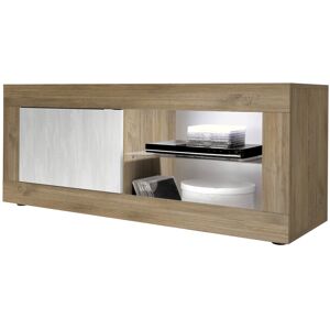 Tousmesmeubles Meuble TV 1 porte 2 niches Chêne noisette/Neige à LED - MATERA - L 140 x l 43 x H 56 cm