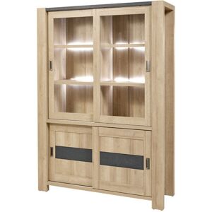 Tousmesmeubles Argentier 4 portes coulissantes Chene blond/Gris a LEDs - SIEM - L 141 x l 46 x H 200 cm