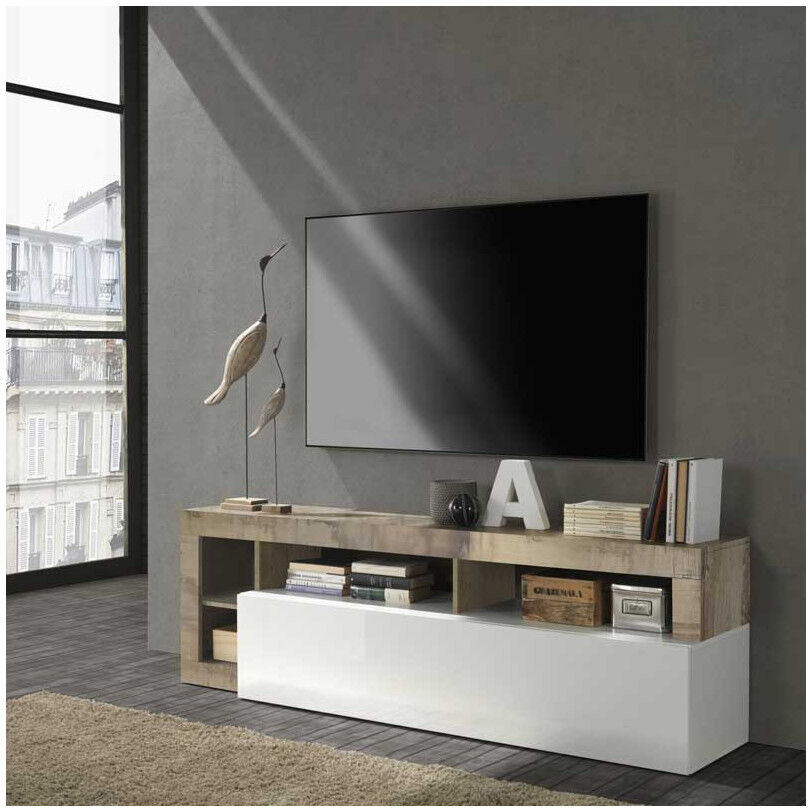 Tousmesmeubles Meuble TV 1 abattant 2 niches Blanc laqué brillant/Bois fumé - ISCHIA - L 184 x l 42 x H 58 Tousmesmeubles Meuble TV 1 abattant 2 niches Blanc laqué brillant/Bois fumé - ISCHIA - L 184 x l 42 x H 58