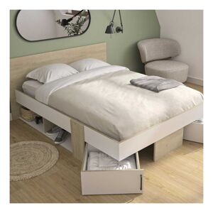 Tousmesmeubles Cadre + Tête de lit 140*190 + rangement Chêne blond/Blanc - MAILLE - L 194 x l 160 x H 80 cm