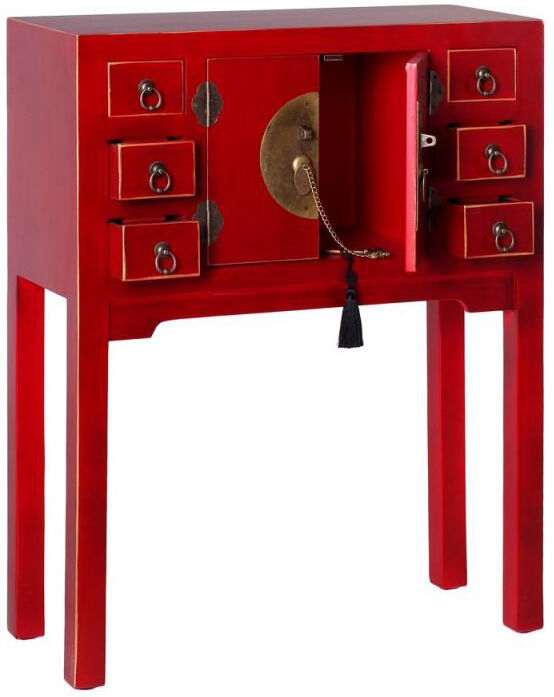 Tousmesmeubles Console 2 portes, 6 tiroirs Rouge Meuble Chinois - PEKIN - L 63 x l 26 x H 80 cm